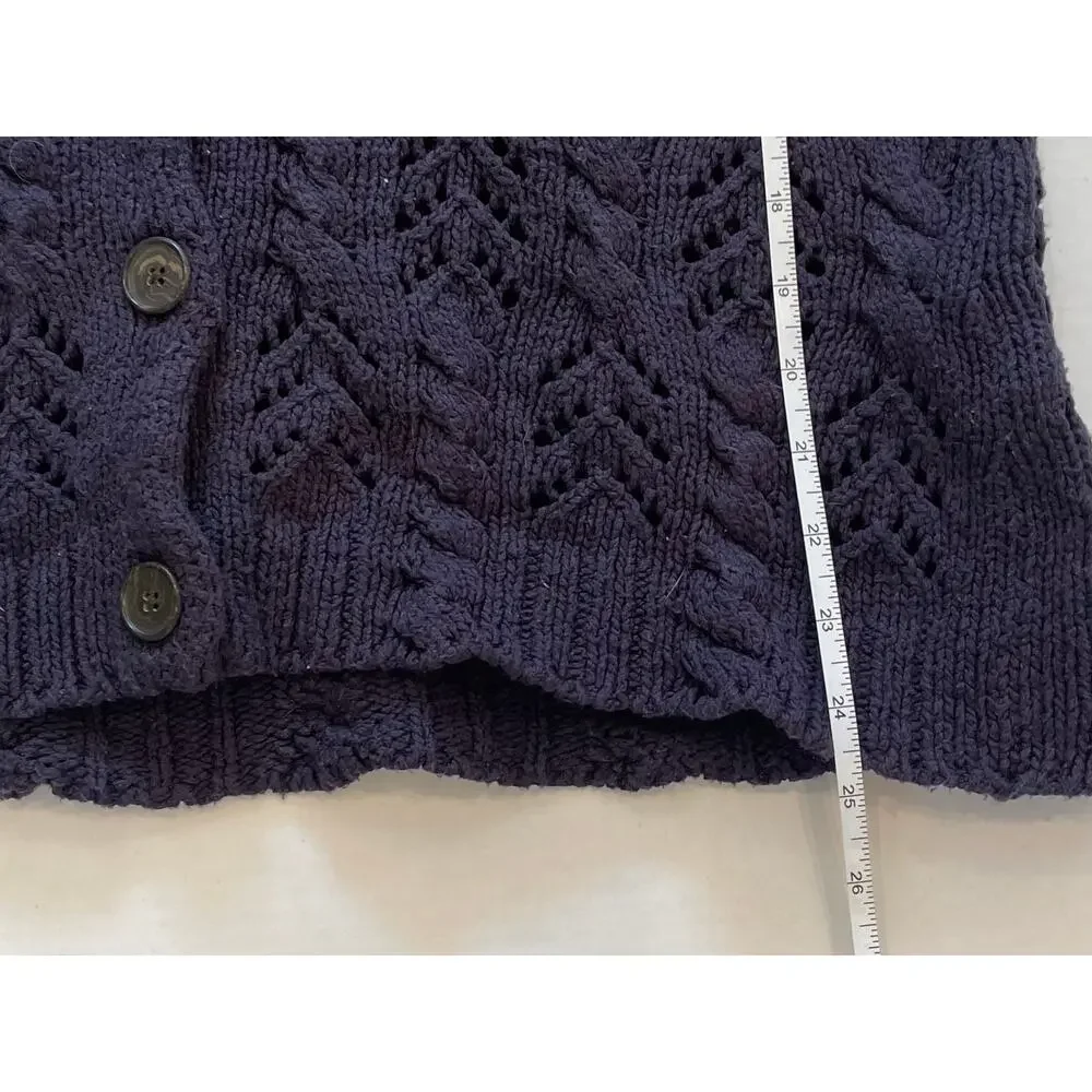 Lands' End Navy Blue Open Knit / Crochet Cardigan, Shawl Collar, V-Neck, Size LP